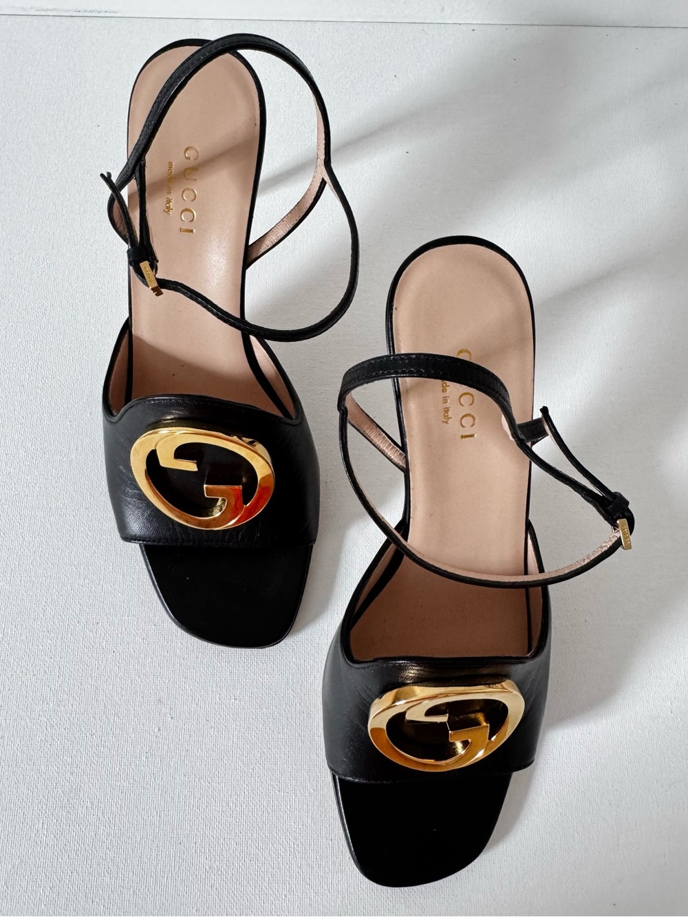 Gucci Black Leather Gold-Logo Sandal Heel